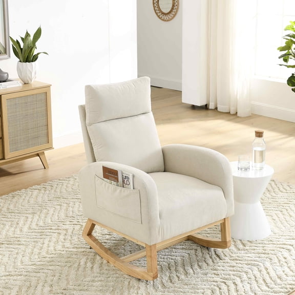 FFH Accent Chair Nursery Rocking Chair, Teddy Upholstered Armchair with High Backrest, Two Side Pockets,Teddy Beige