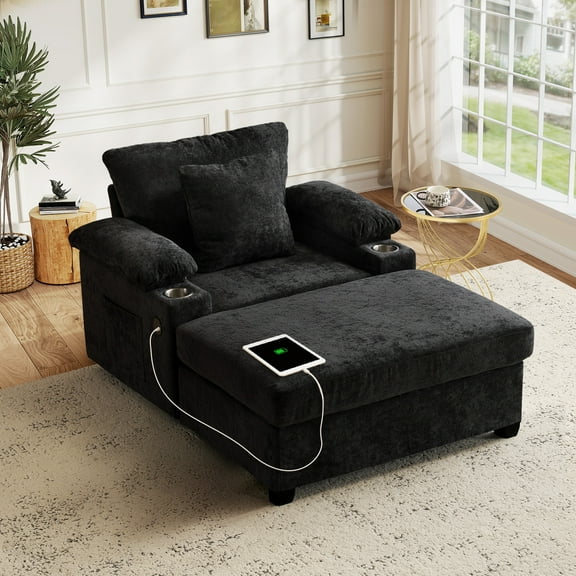 FFH Accent Chair with Ottoman, Oversized Lounge Chair with Ottoman, Comfy Single Sofa Chair Reading Armchair with Cup Holders, Charging Ports and Storage Space, Black
