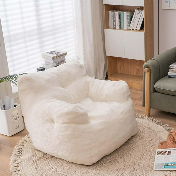 FFH Beanbags Bean Bag Chair, Comfy Leisure Sofa Chair for Living Room, Ivory Teddy