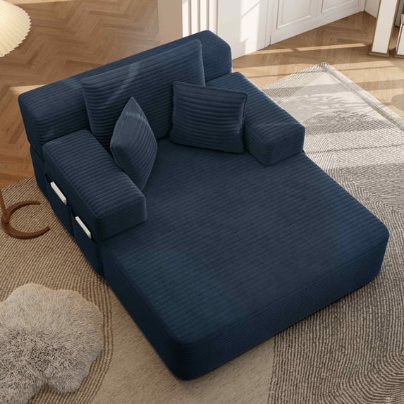 FFH 60" Chaise Lounge Chair Indoor, Convertible Sleeper Sofa Bed with Storage Pockets, Plush Corduroy Floor Lazy Sofa, Frameless Design, Blue