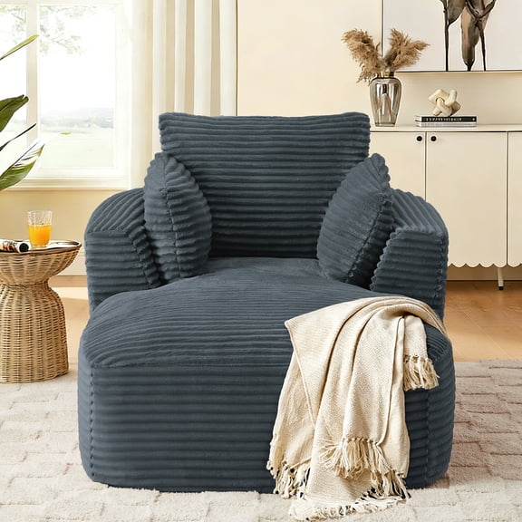 FFH Chaise Lounge Chair Indoor, 64.6" Oversized Modern Corduroy Sofa Couch, Comfy Sleeper Chair for Living Room, Apartment, Bedroom, Dark Gray