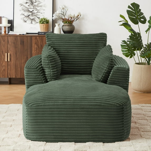 FFH Chaise Lounge Chair Indoor, 64.6" Oversized Modern Corduroy Sofa Couch, Comfy Sleeper Chair for Living Room, Apartment, Bedroom, Green
