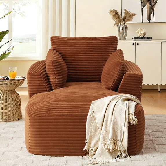 FFH Chaise Lounge Chair Indoor, 64.6" Oversized Modern Corduroy Sofa Couch, Comfy Sleeper Chair for Living Room, Apartment, Bedroom, Orange