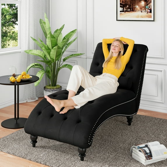 FFH Chaise Lounge Indoor, Velvet Button-Tufted Chaise Lounge Chair with Bolster Pillow, Black