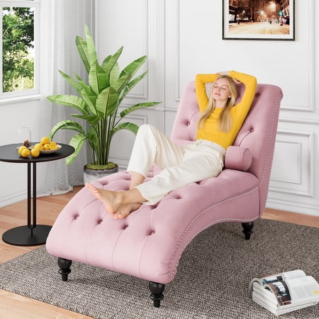 FFH Chaise Lounge Indoor, Velvet Button-Tufted Chaise Lounge Chair with Bolster Pillow, Pink