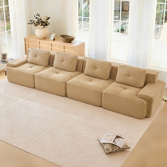 FFH Cloud Sofa Sectional, 150" Oversize Modern Boneless Couch with Tufted Design (Camel, 4 Seater)