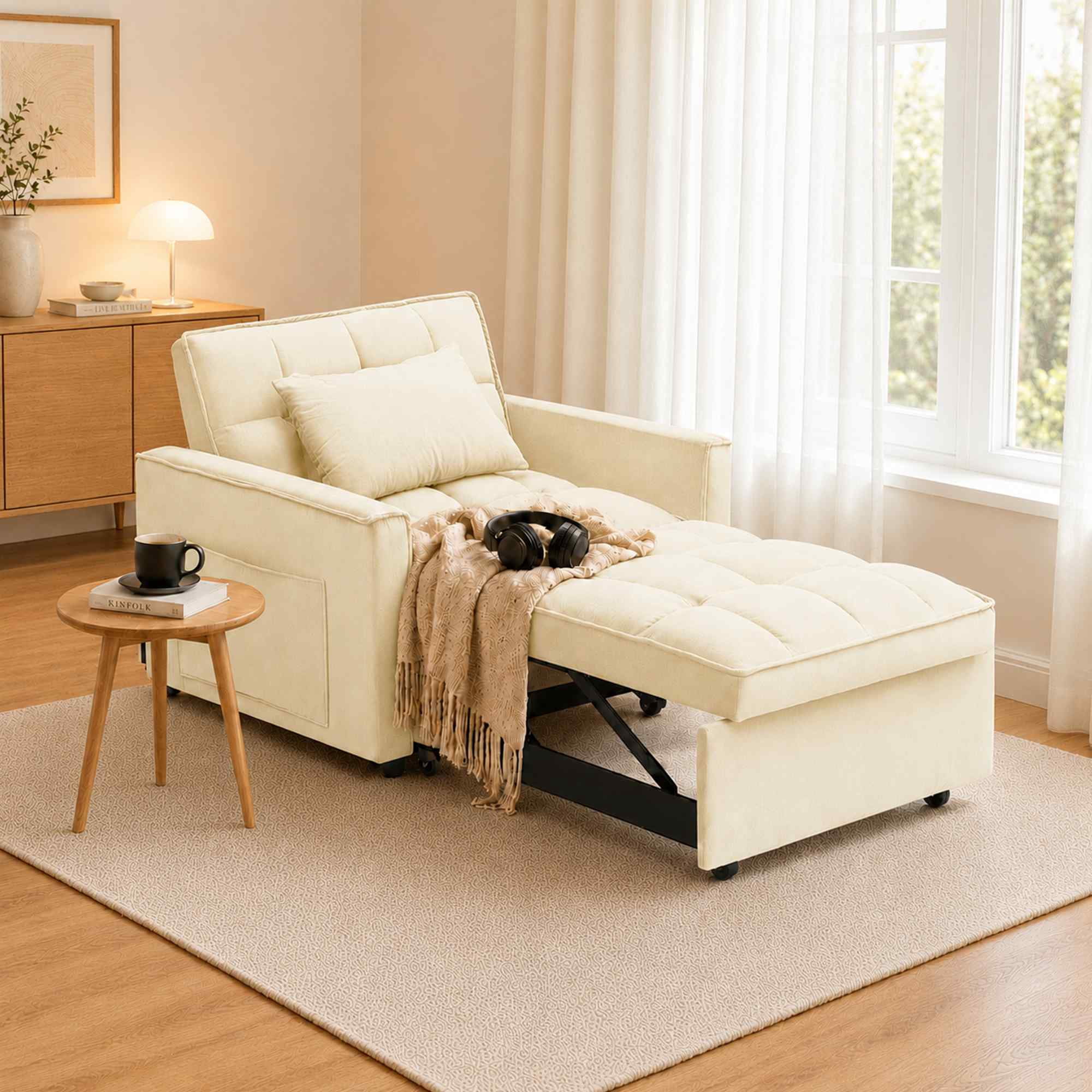 FFH Convertible Sofa Bed Recliner Chair with Adjustable Backrest, Couch for Living Room, Bedroom, Beige