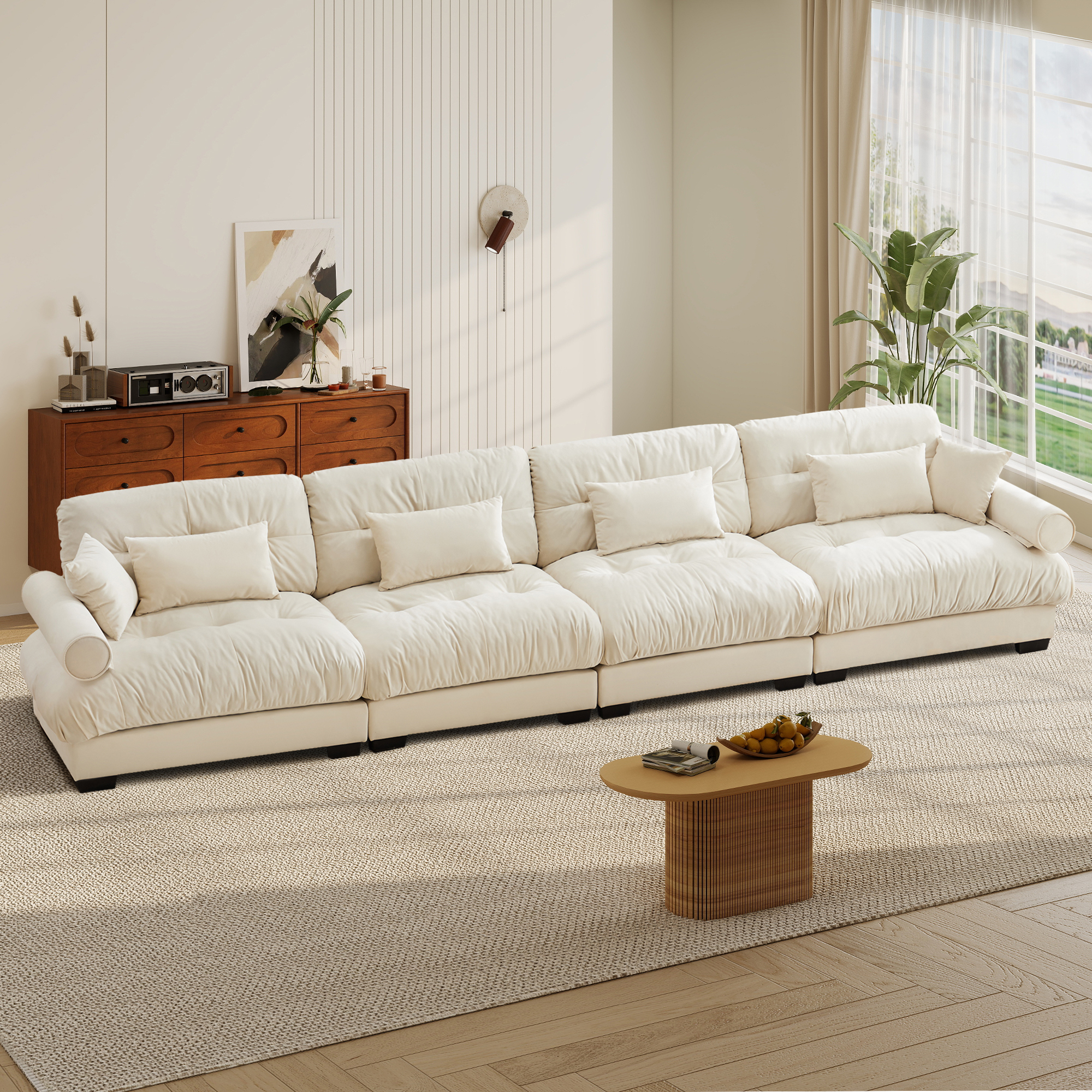 FFH Couches for Living Room, 166" Oversized 4 Seater Sofa, Modern Modular Sectional Sofa Cloud Sofa with Deep Seat (Velvet Beige, 4 Seater)