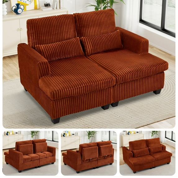 FFH Double Chaise Lounge Indoor, 61" Oversized Lounge Chair Sleeper Sofa Sectional, Corduroy Loveseat with Lumbar Pillows and Adjustable Backrests, Orange