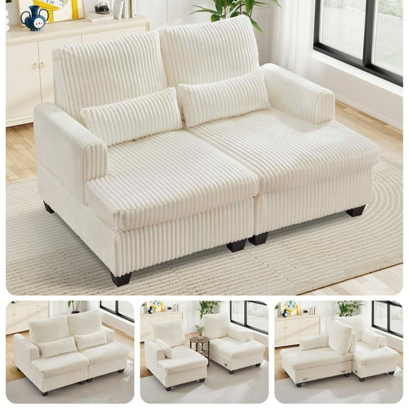 FFH Double Chaise Lounge Indoor, 61" Oversized Lounge Chair Sleeper Sofa Sectional, Corduroy Loveseat with Lumbar Pillows and Adjustable Backrests, White