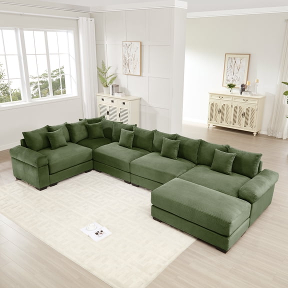FFH Living Room Furniture Sets Sectional with Ottoman, 154.6" Convertible Modular Sectional Sofa, Oversized U Shaped Cloud Couch, Green