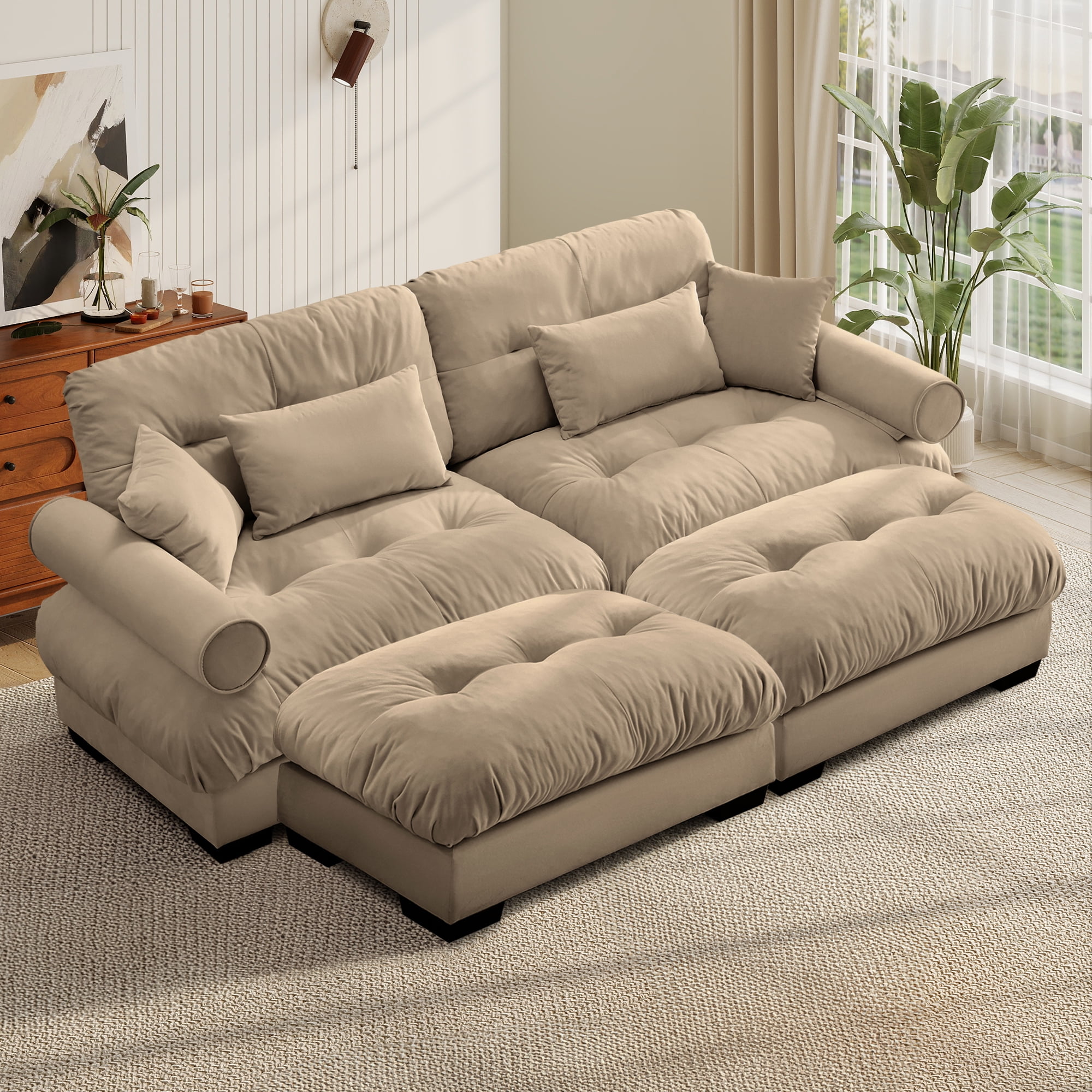 FFH Loveseat with Chaise, 93.7" Oversized U Shaped Cloud Sofa, Modular Sectional Sleeper Sofa with Bolstered Armrests (Velvet Camel, 2 Seater with 2 Ottomans)