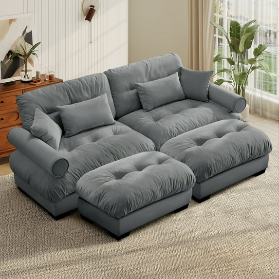 FFH Loveseat with Chaise, 93.7" Oversized U Shaped Cloud Sofa, Modular Sectional Sleeper Sofa with Bolstered Armrests (Velvet Light Gray, 2 Seater with 2 Ottomans)