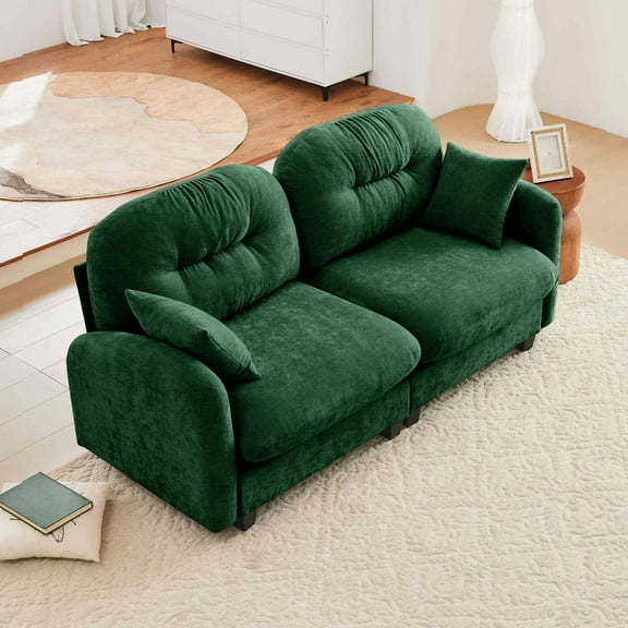 FFH Loveseat Sofa, 74" Cloud Sectional Couches for Living Room, Tufted 2-Seat Chenille Sofa with 2 Pillows, Wooden Base, Green