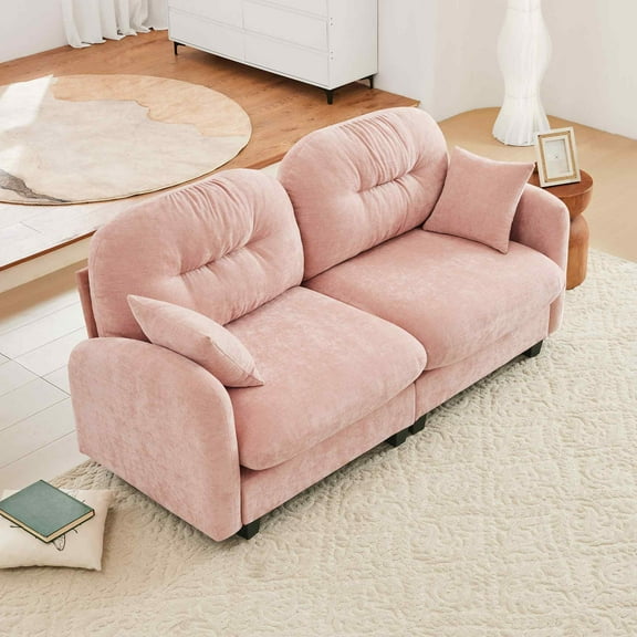 FFH Loveseat Sofa, 74" Cloud Sectional Couches for Living Room, Tufted 2-Seat Chenille Sofa with 2 Pillows, Wooden Base, Pink
