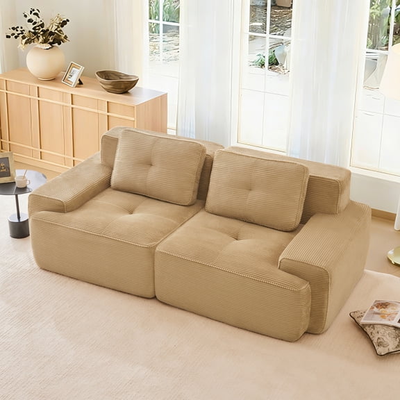 FFH Loveseat Sofa, 80" Modular Sectional Sofa for Living Room, Corduroy 2-Seater Cloud Couch with Deep Seat, Pearl-like Piping, Tufted Design, No Assembly, Anti-slip Design (Camel, 2 Seater)