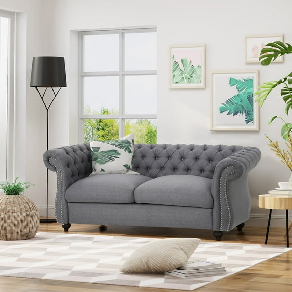 FFH Mid-Century Modern Loveseat Sofa Couch with Nailhead Trim & Tufted Back, Comfy Upholstered Fabric Couch with Rolled Arms, 61.75"*33.75"*27.75"