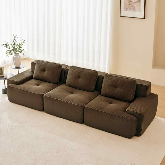FFH Modular Cloud Couch, 115" Sectional Sofa Upholstered Boneless Couch for Living Room (Brown, 3 Seater)