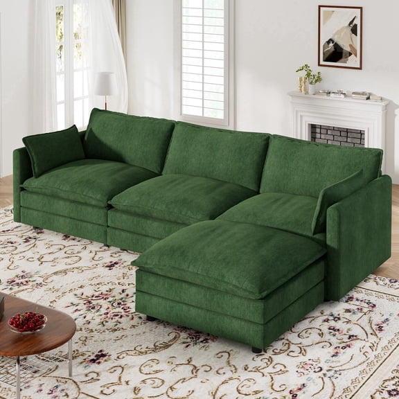 Muumblus Sectional Cloud Couch with Reversible Ottoman, L-Shaped Chenille Sofa for Living Room, Green