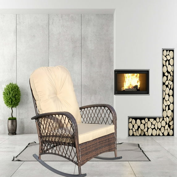 FFH Outdoor Wicker Rocking Chair, Rattan Rocker Accent Armchair for Patio, Garden, Backyard, Shallow Brown Cushion