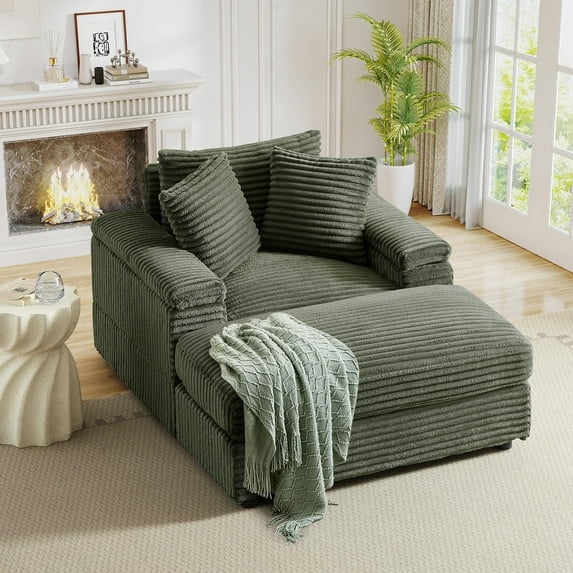 FFH Oversized Accent Chair with Ottoman for Living Room, Bedroom, Corduroy Lounge Chair with Ottoman, Chaise Lounge Indoor, Green