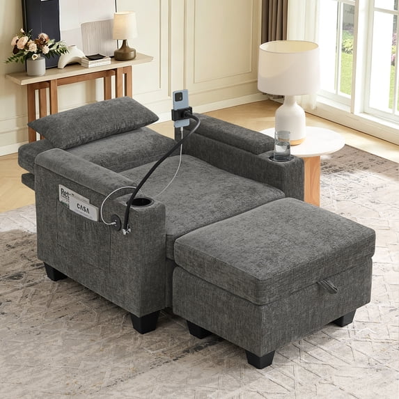 FFH Accent Chair with Storage Ottoman, Single Sofa Recliner with Adjustable Backrest, Storage Space, Charging Ports, Cup Holders and Phone Stand, Gray
