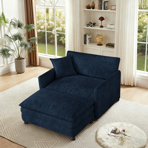 FFH Oversized Chair with Ottoman, Chenille Accent Armchair, Lounge Chair Indoor, Cloud Sofa Chair for Living Room, Bedroom, Blue