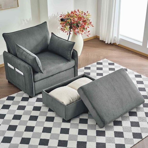FFH Oversized Chaise Lounge Chair Indoor with Storage Ottoman, Corduroy Accent Chair with Charging Ports, Side Pockets and Phone Holder, Gray