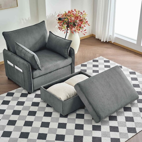 FFH Oversized Chaise Lounge Chair Indoor with Storage Ottoman, Corduroy Accent Chair with Charging Ports, Side Pockets and Phone Holder, Gray