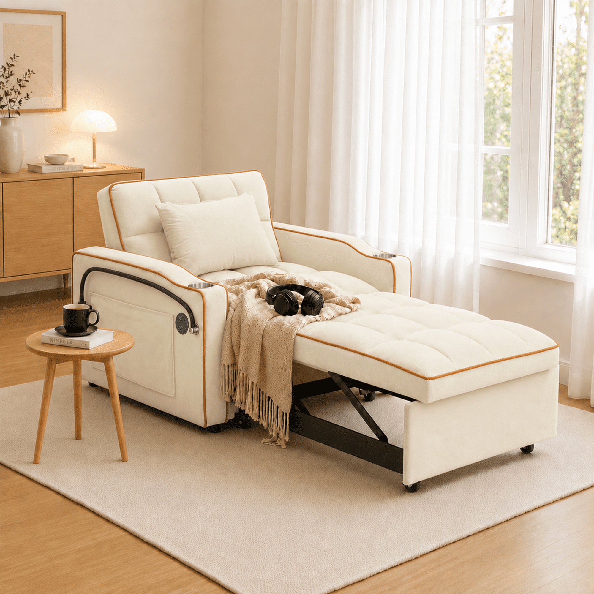 FFH Recliner Chair, Convertible Sofa Bed with Adjustable Backrest, Charging Ports, Cup Holders and Swivel Phone Stand, Beige