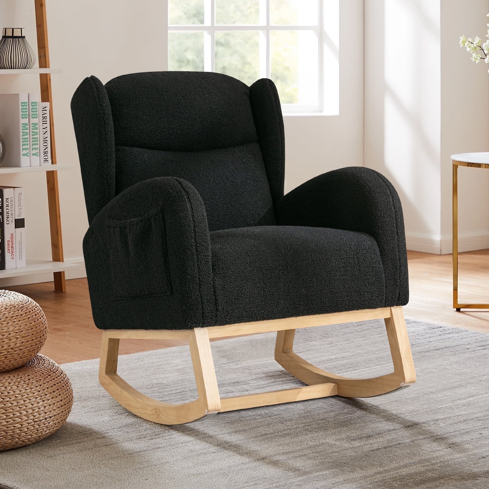 FFH Rocking Chair, Nursery Rocker with Side Pocket, Teddy Black