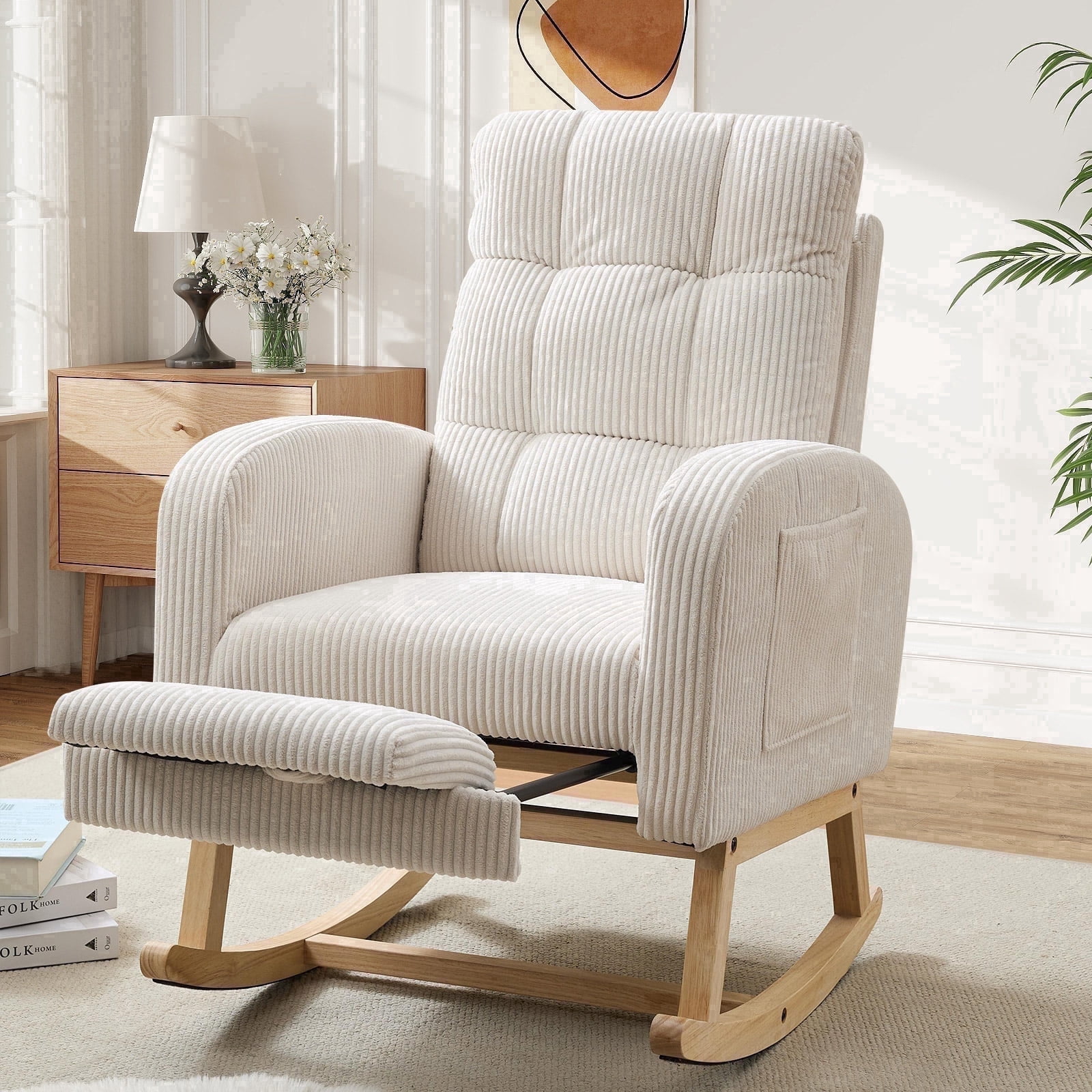 FFH Rocking Chair with Footrest, Rocking Chair for Nursery, Corduroy Armchair with High Backrest and Side Pockets, Accent Chair for Living Room, Bedroom, Beige