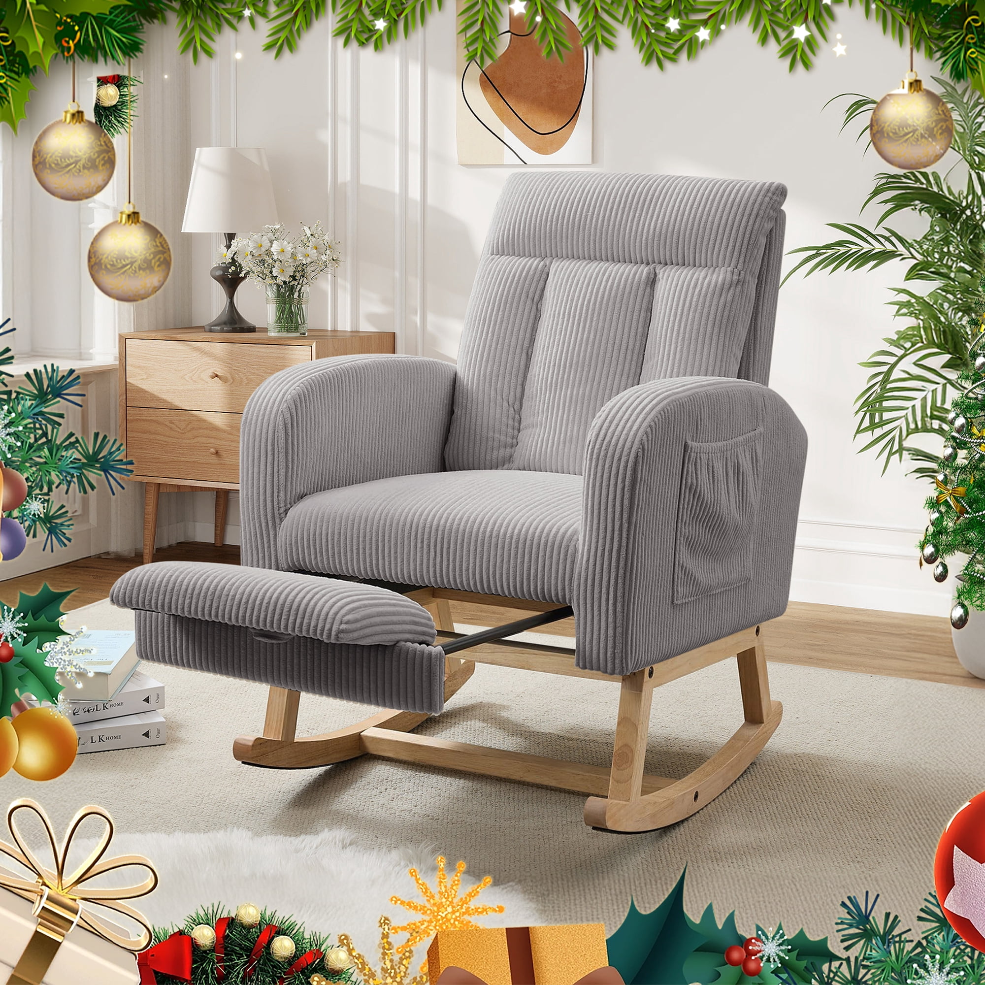 FFH Rocking Chair for Nursey, Rocking Chair with Footrest, Corduroy ...