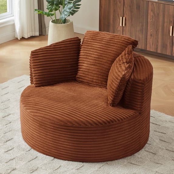 FFH Round Accent Chair, 48.8" Oversized Living Room Chair, Corduroy Chaise Lounge Chair Indoor, Barrel Chairs for Adults, Orange