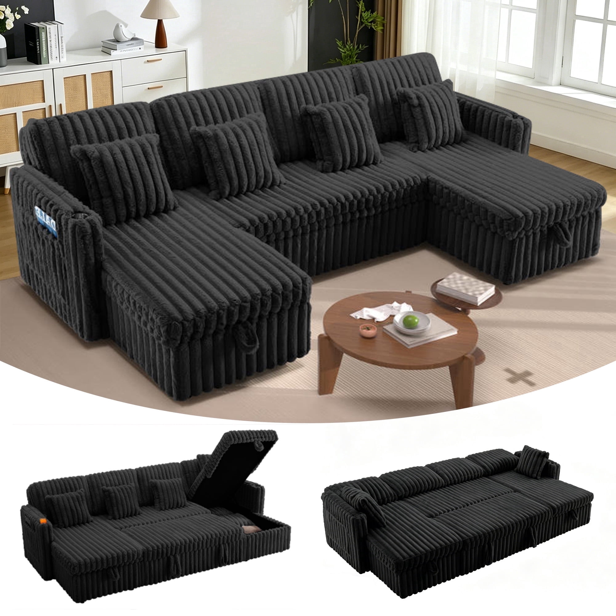 FFH Sectional Sleeper Sofa with Pull Out Bed and Double Storage Chaise ...