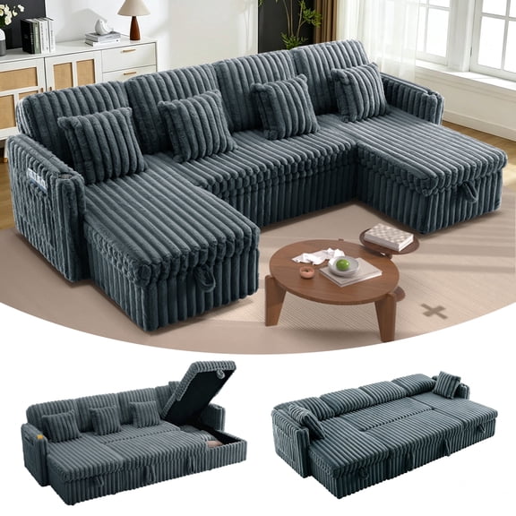 FFH Sectional Sleeper Sofa with Pull Out Bed and Double Storage Chaise, U Shaped Modern Couch with Cup Holders, Side Pockets and USB Ports for Living Room, Dark Gray