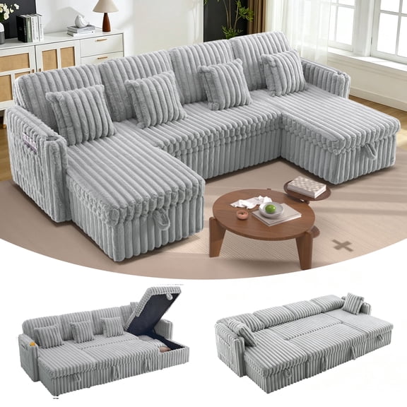 FFH Sectional Sleeper Sofa with Pull Out Bed and Double Storage Chaise, U Shaped Modern Couch with Cup Holders, Side Pockets and USB Ports for Living Room, Light Gray