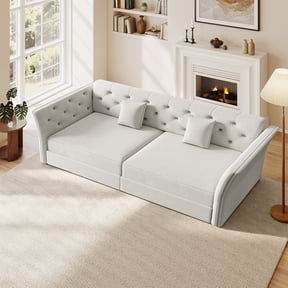 FFH Sofa Bed Queen Pull Out, 74.4" Convertible Sleeper Sofa with Flower Tufted Design, Velvet Couch for Living Room, Gray