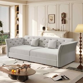 FFH Sofa Bed Queen Pull Out, 74.4" Convertible Sleeper Sofa with Flower Tufted Design, Velvet Couch for Living Room, Gray