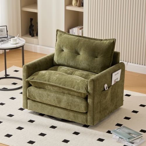 FFH Swivel Accent Chair,32 Inches Wide Upholstered Modern Chair,Thick Padded Armchair with Solid Metal Base,Comfortable Single Seat Sofa Chair,Swivel Barrel Chair for Living Room Bedroom Olive
