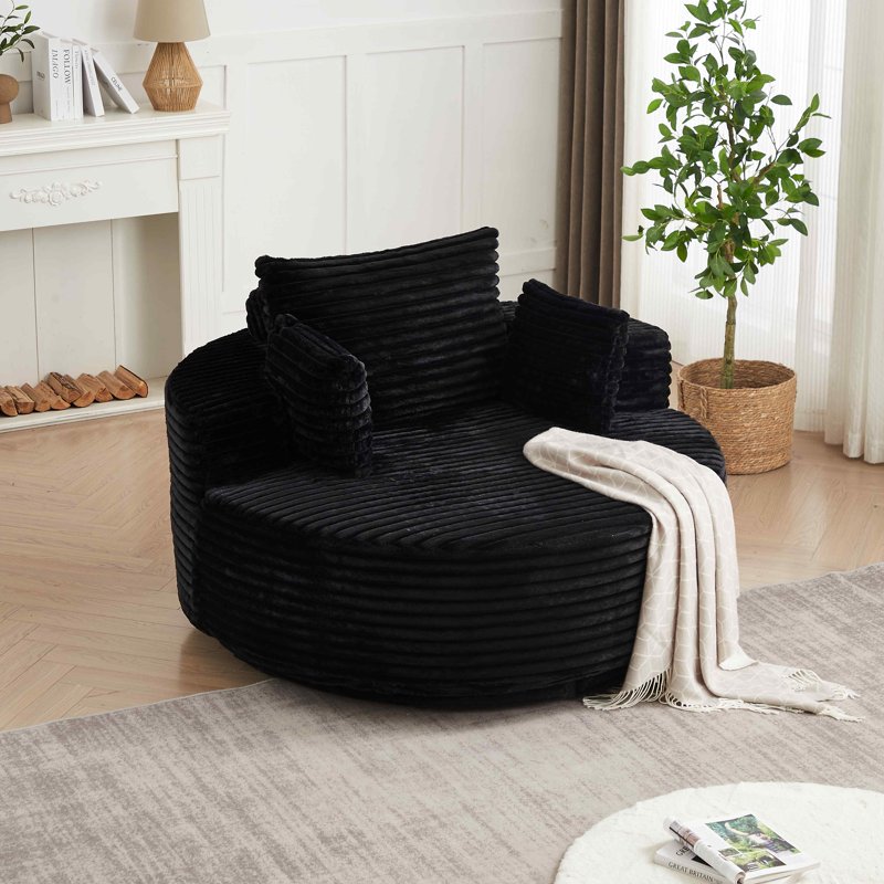 FFH 55" Corduroy Swivel Chair, Round Lounge Chair Accent Chair, Black