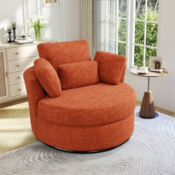 FFH Swivel Accent Chair, Comfy Chenille Barrel Swivel Chair for Living Room, Metal Base, Orange