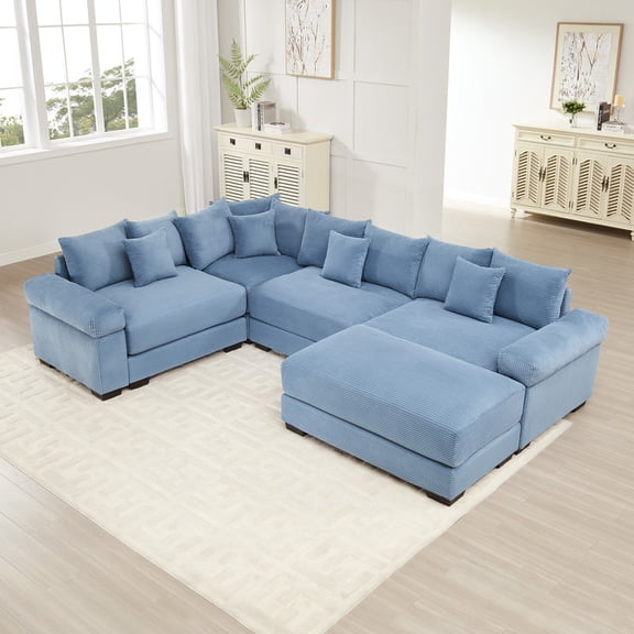 FFH U Shaped Sectional Sofa with Double Chaise, 116.9" Oversized Cloud Couch, Modern Modular Sofa, Premium Corduroy Fabric, Extra-Thick Armrests, Blue