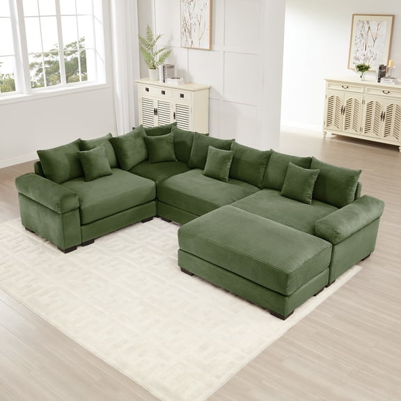 FFH U Shaped Sectional Sofa with Double Chaise, 116.9" Oversized Cloud Couch, Modern Modular Sofa, Premium Corduroy Fabric, Extra-Thick Armrests, Green