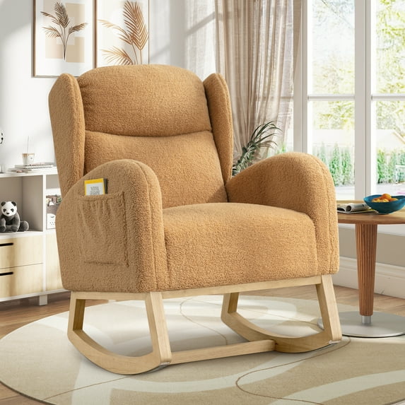 Muumblus Nursery Rocking Chair, Wingback Glider Rocker, Indoor Uphlostered Rocking Chair, Khaki Teddy