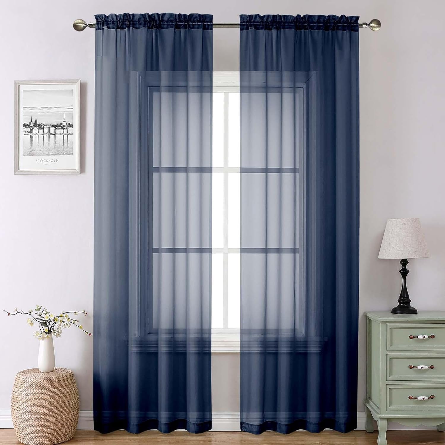 FFHAAD-Navy Blue Sheer Curtains 90 Inches Long 2 Panels, Light ...