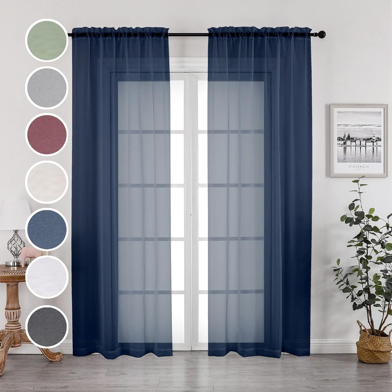 FFHAAD-Navy Blue Sheer Curtains 96 Inches Long 2 Panels Set, Elegant ...