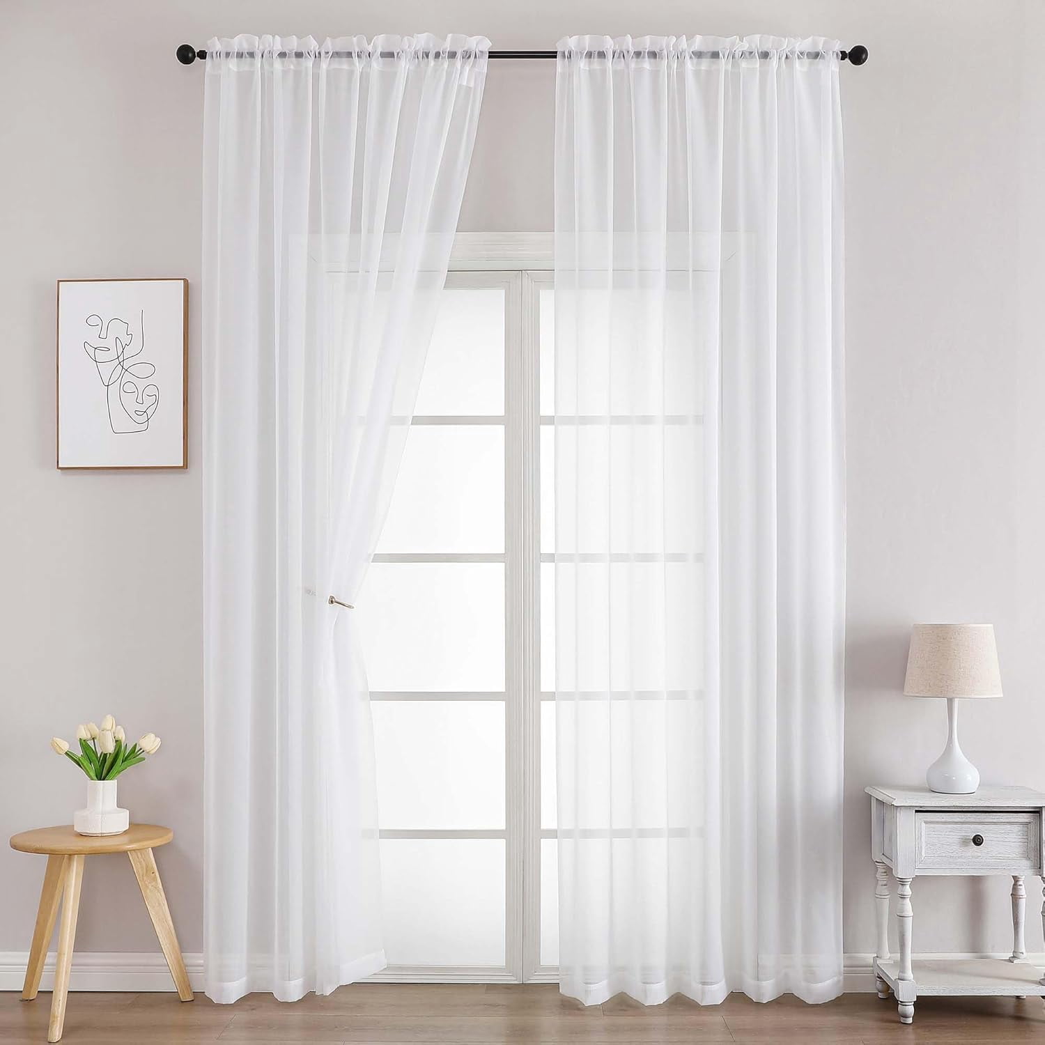 FFHAAD-White Sheer Curtains 96 Inches Long 2 Panels, Light Filtering ...