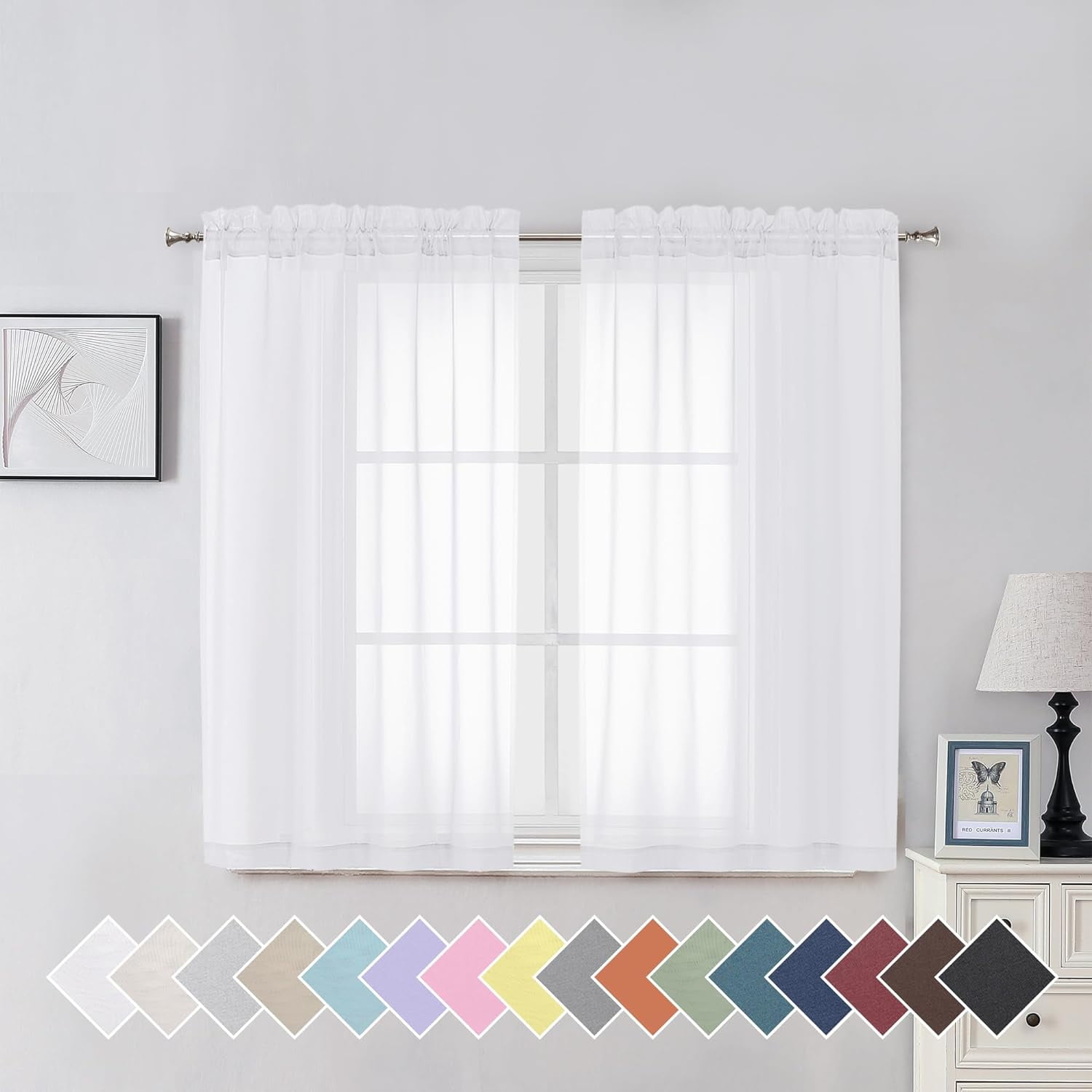 FFHAAD-White Sheer Curtains for Living Room 45 inch Length 2 Panels Set, Rod Pocket Semitransparent Balance Privacy & Light Vertical Sheer Drapes for Bedroom, W40 x L45