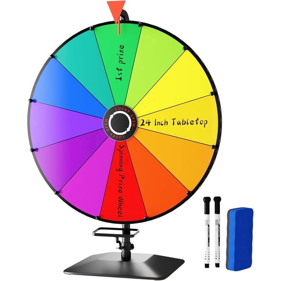 FFIYL 24 Inch Prize Wheel,Tabletop Spinning Wheel for Prizes,Color Wheel Spinner with Stand & 12 Slots & Dry Erase & Eraser